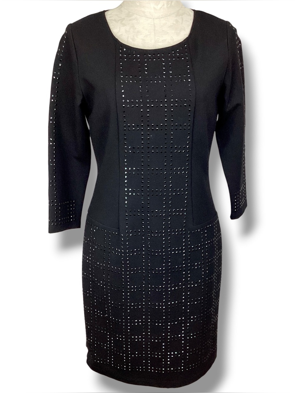 Simon Chang Black Sheath Rhinestone Stud Dress Knee Length Evening Event